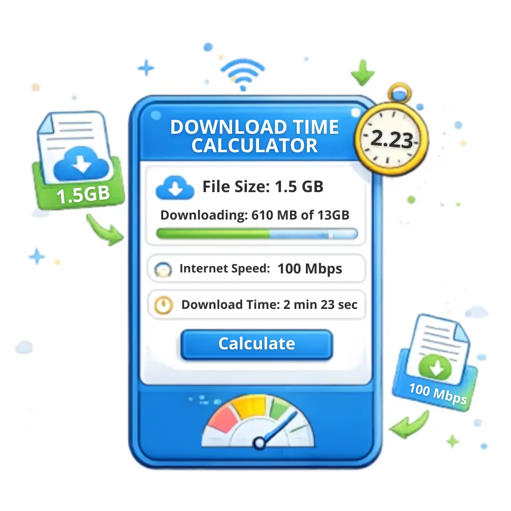 Download time calculator for estimating file download duration based on file size and internet speed