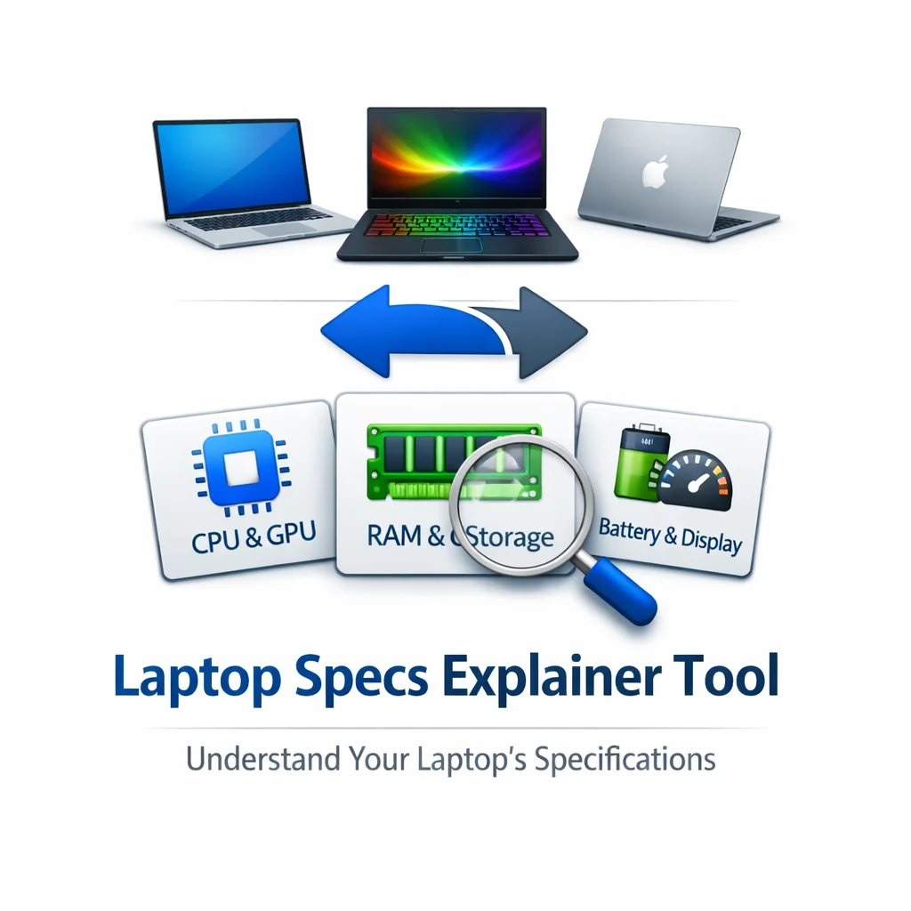 Laptop specs explainer tool for understanding CPU, GPU, RAM, storage, battery, and display specifications