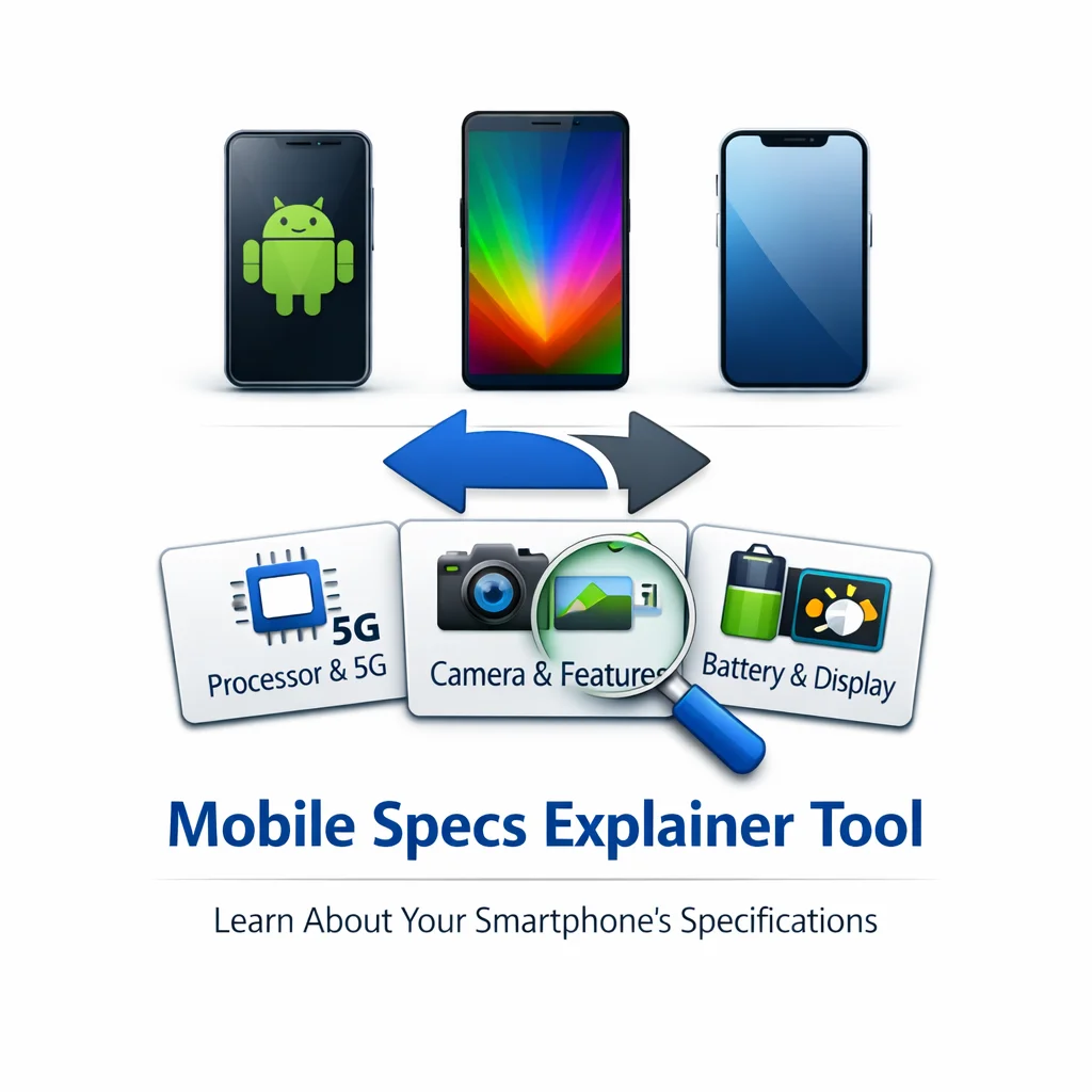 Mobile specs explainer tool for understanding processor, 5G, camera, battery, display, and smartphone features