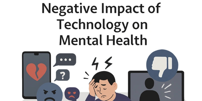 10 Disadvantages of Technology in Everyday Life and How to Overcome Them 3 the negative impact of technology on mental health, with symbols of stress, anxiety, and negative emotions.