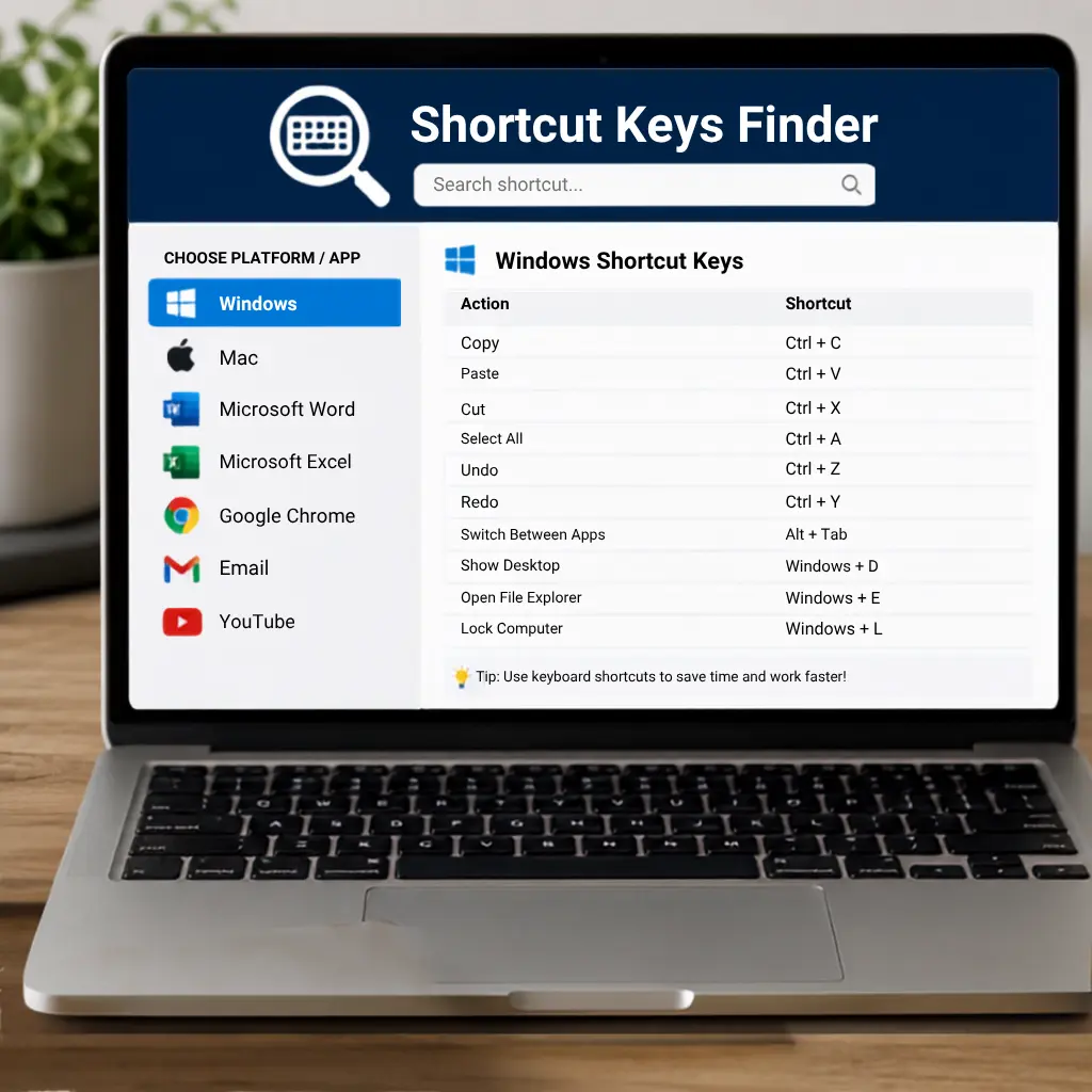Shortcut keys finder for searching Windows, Mac, Microsoft Office, Chrome, email, and YouTube keyboard shortcuts