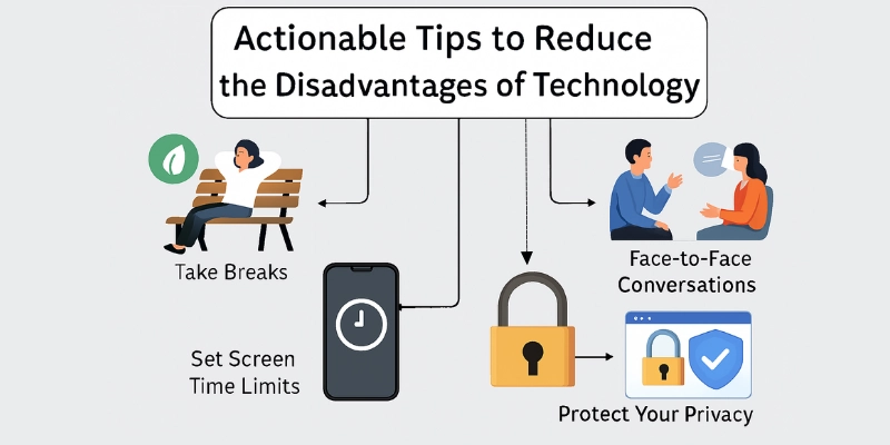 10 Disadvantages of Technology in Everyday Life and How to Overcome Them 5 Infographic showing actionable tips to reduce technology's disadvantages