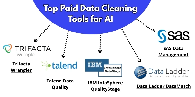 Top paid data cleaning tools for AI featuring Trifacta Wrangler, Talend Data Quality, IBM InfoSphere QualityStage, SAS Data Management, and Data Ladder DataMatch